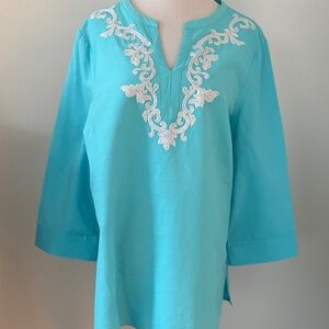 Chico's Turquoise Tunic with White Embroidered V-Neck